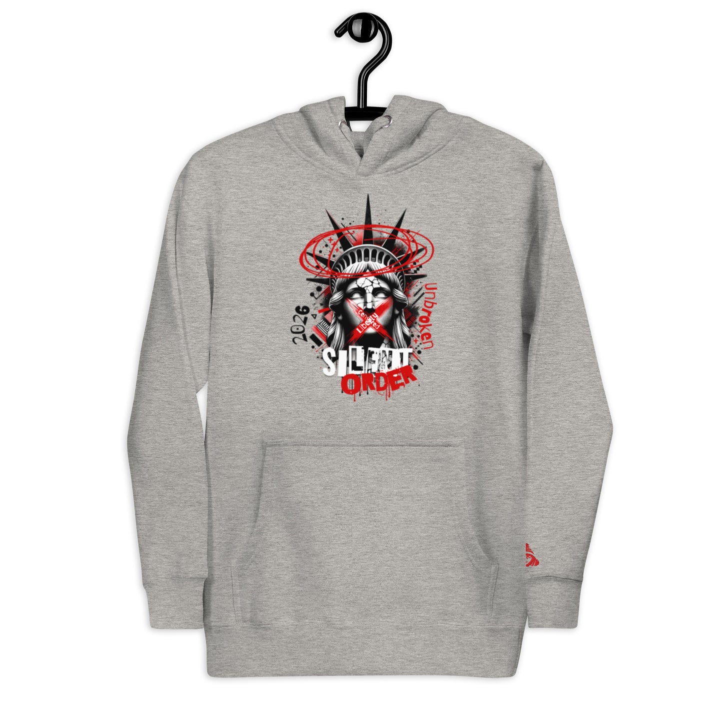 Gray hoodie with a graphic design on a hanger against a white background