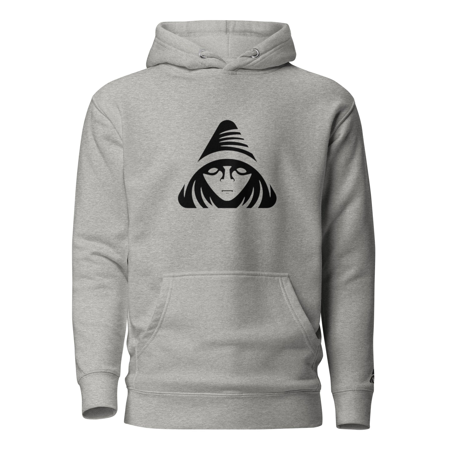 Gray hoodie with a black graphic design on a white background