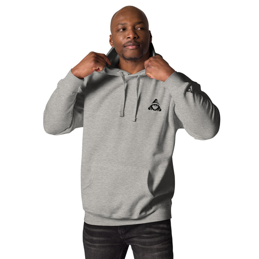 Man wearing a gray hoodie with a logo on a white background