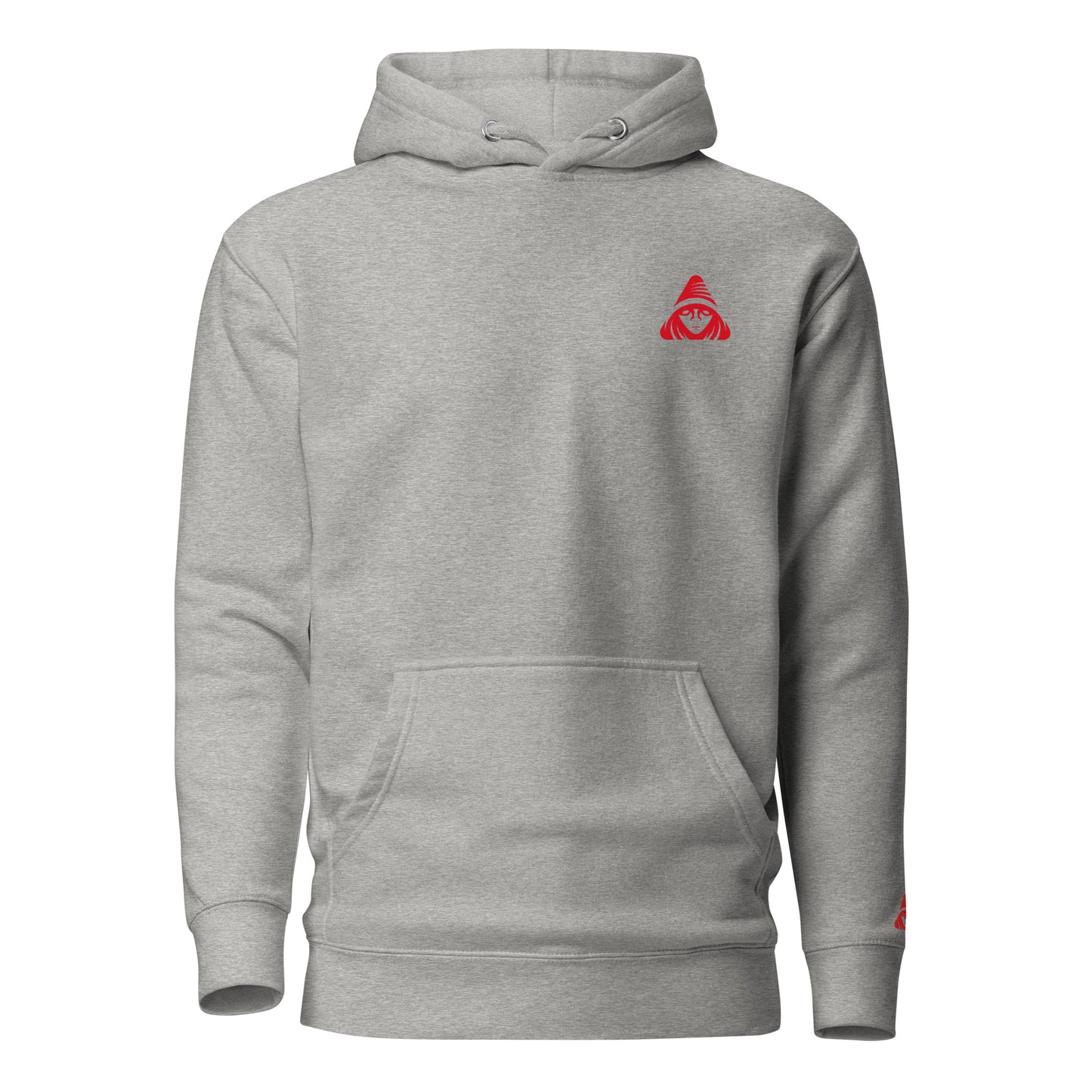 Gray hoodie with a red logo on a white background