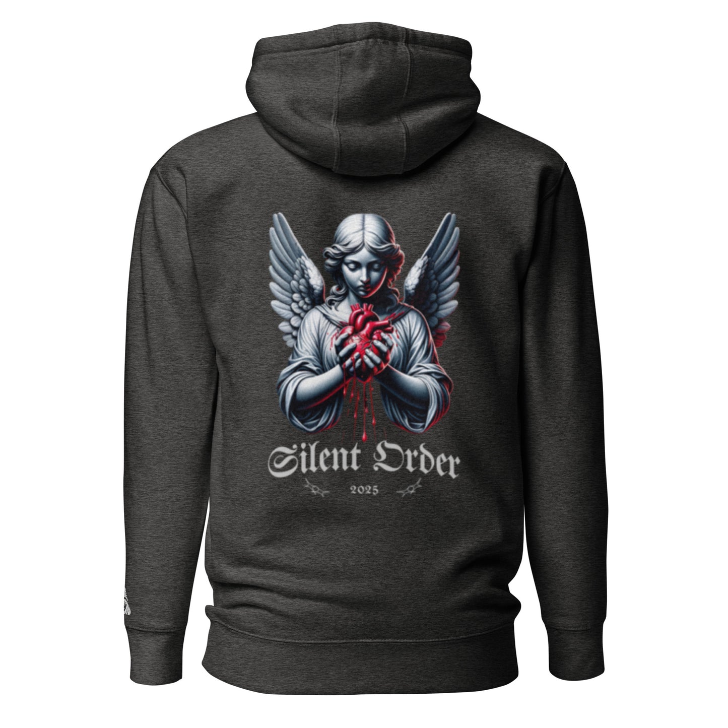 Dark hoodie with an angel graphic and 'Silent Order' text on the back, on a white background