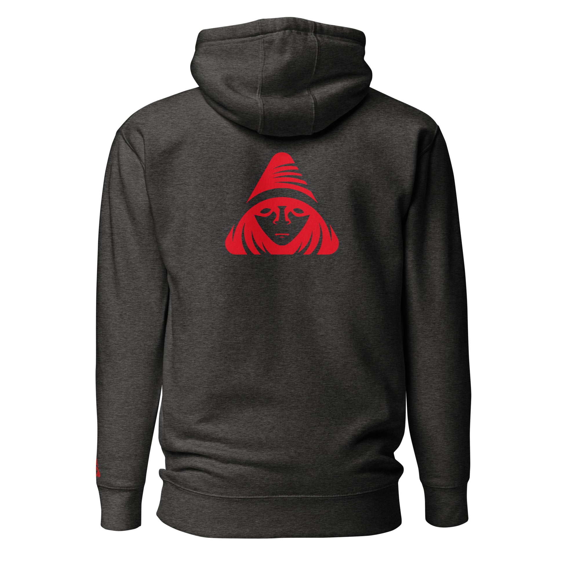 Black hoodie with a red graphic on the back against a white background