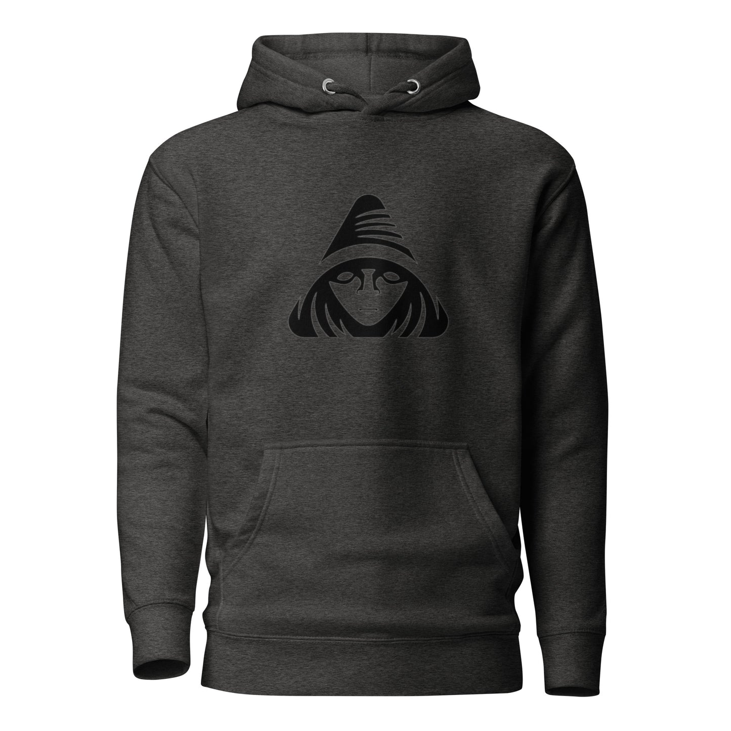 Dark gray hoodie with a black graphic design on a white background