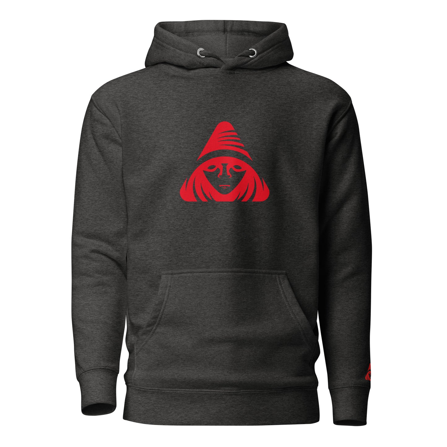 Black hoodie with a red logo on a white background