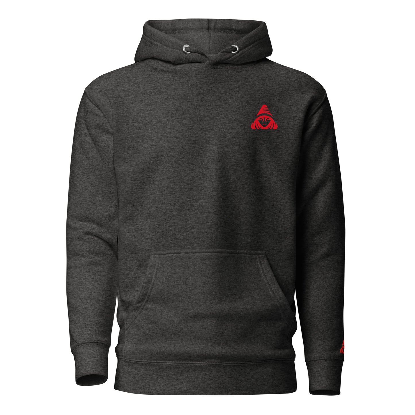 Dark gray hoodie with a red logo on the chest against a white background
