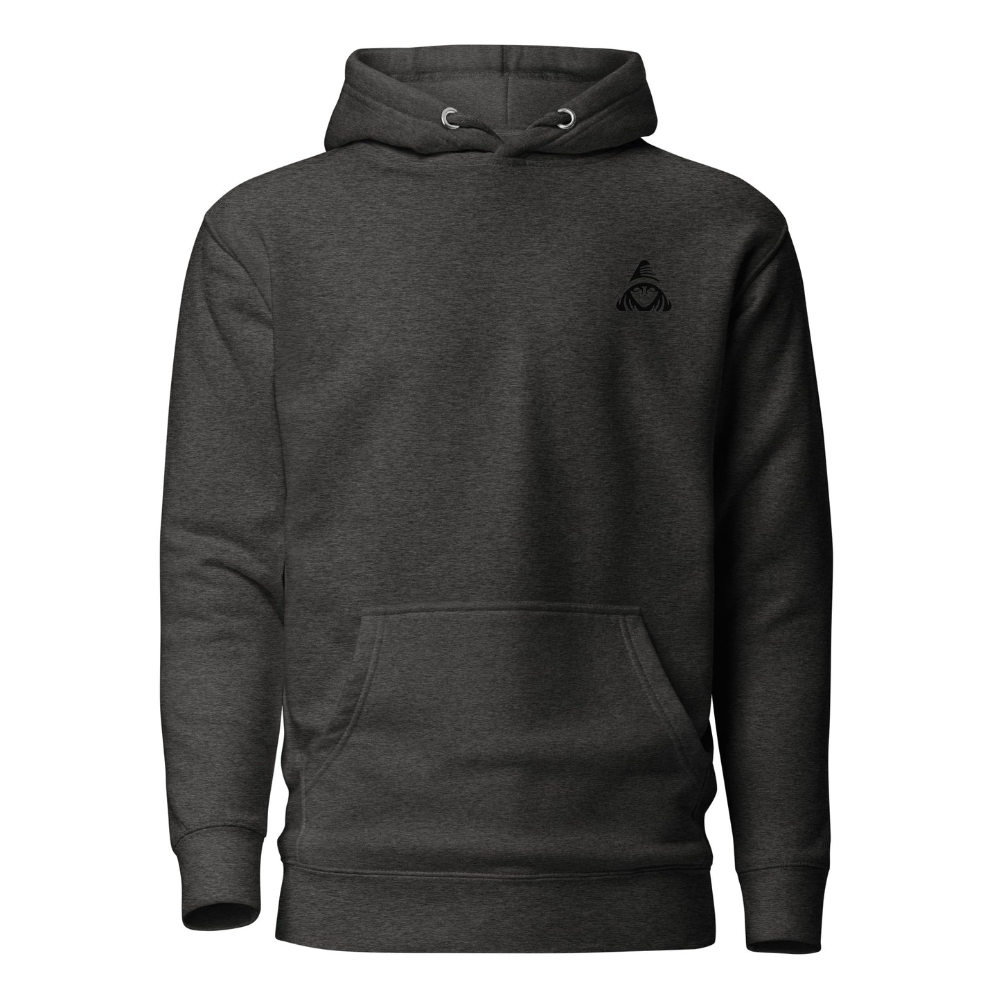 Dark gray hoodie with a small logo on the chest against a white background