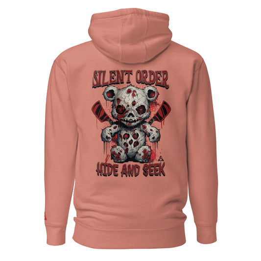 Pink hoodie with a graphic design of a teddy bear and text on the back, on a white background.