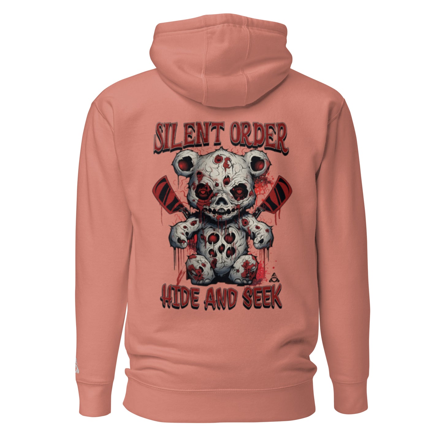 Pink hoodie with a graphic design on the back featuring a bear skull and text.