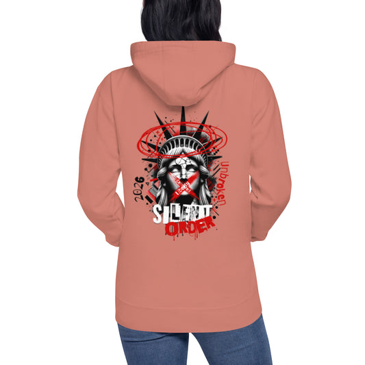 Person wearing a peach hoodie with a graphic design on the back, standing against a white background.