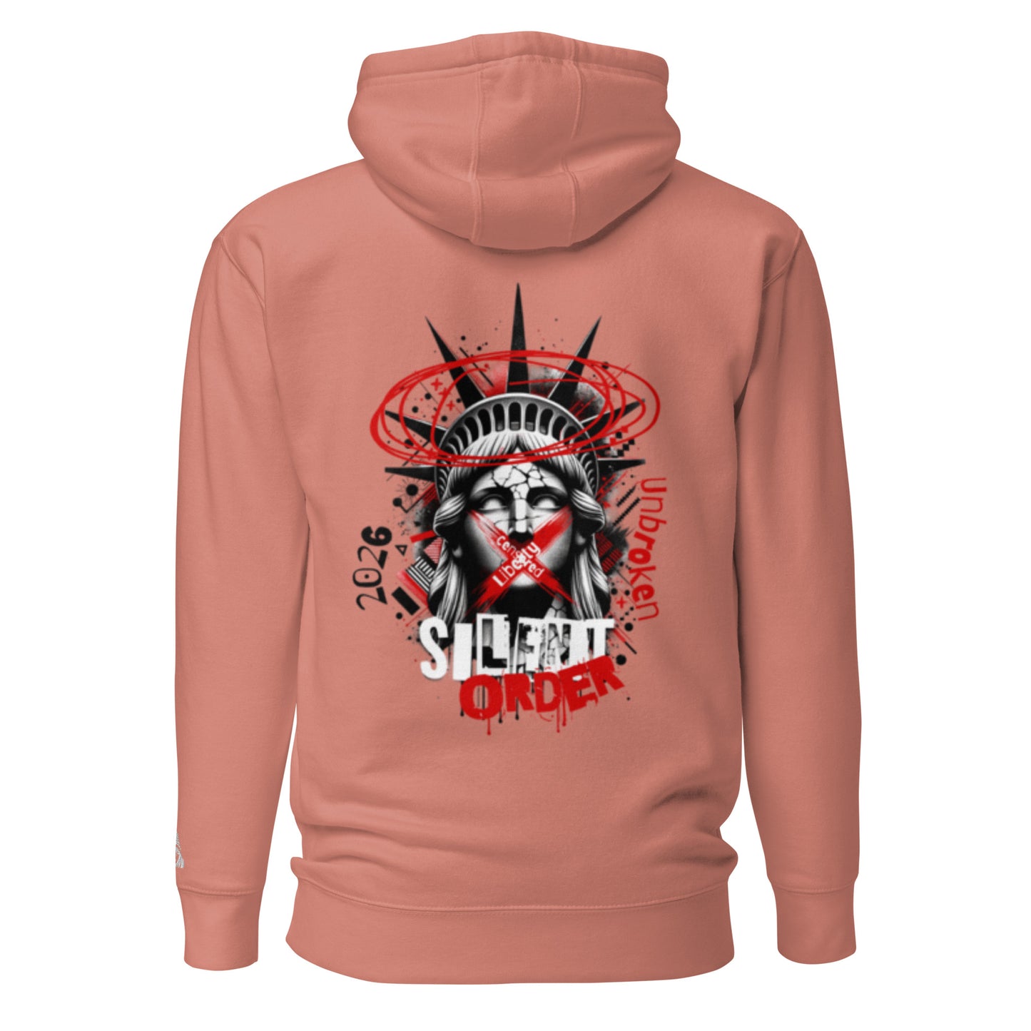 Peach hoodie with a graphic design on the back featuring the Statue of Liberty.