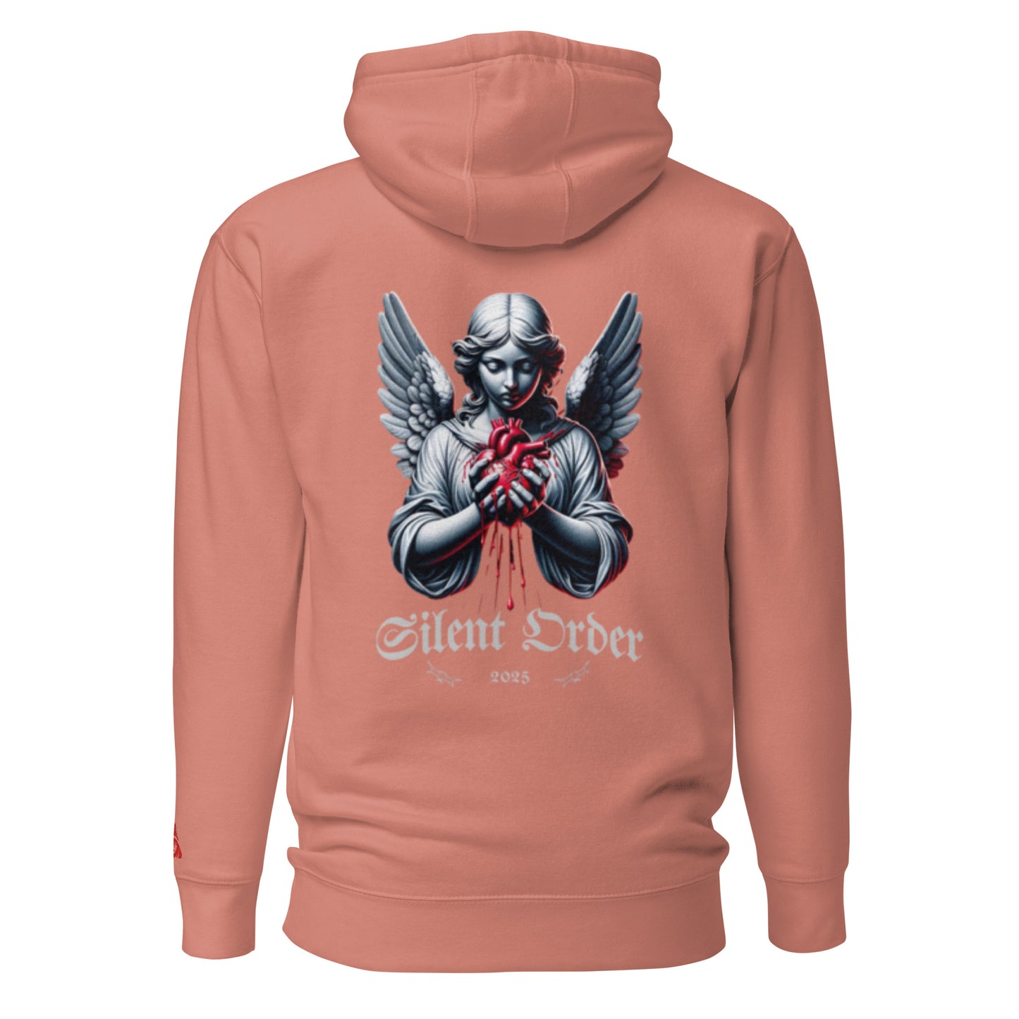 Peach hoodie with an angel graphic and 'Silent Order' text on the back against a white background