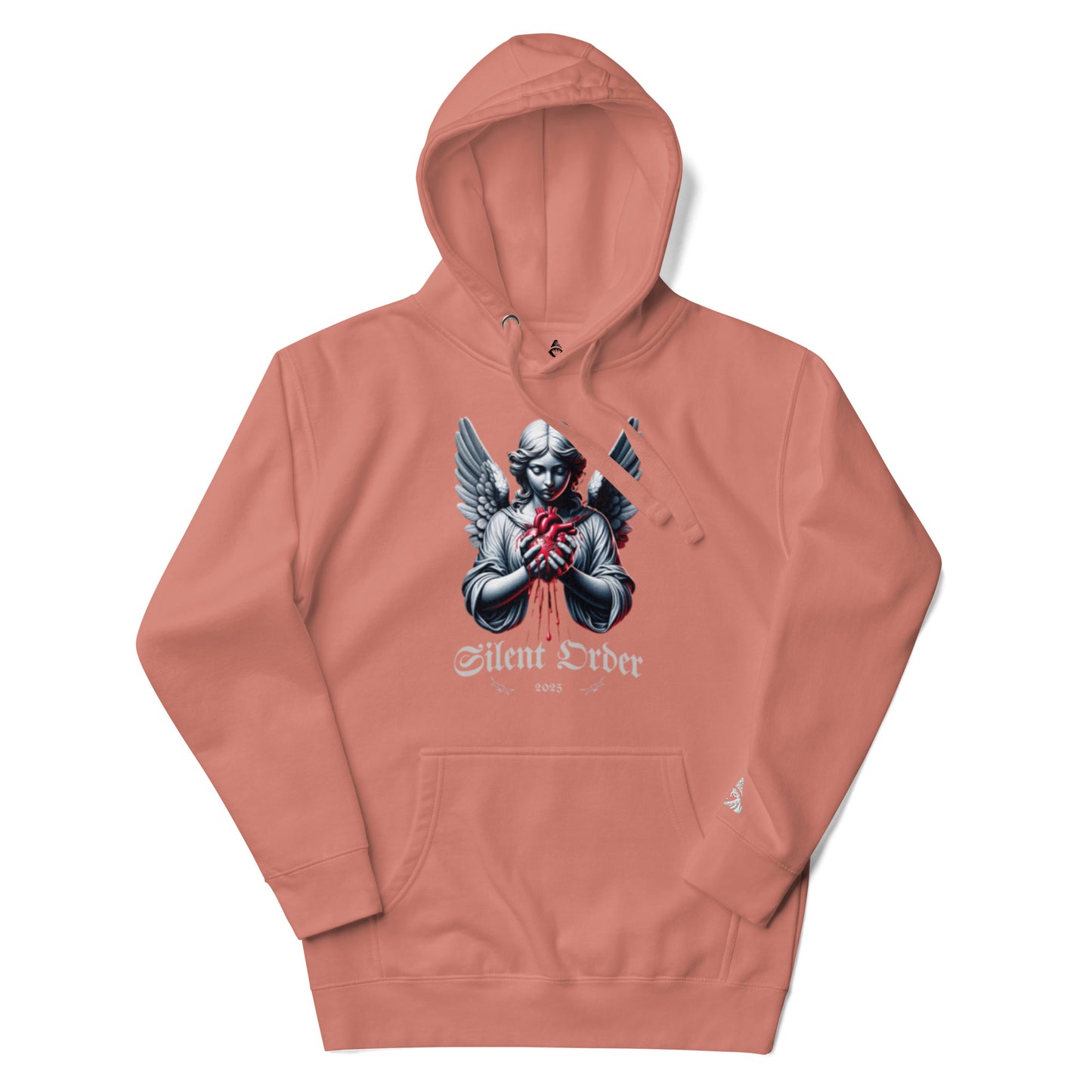 Coral hoodie with graphic design on a white background