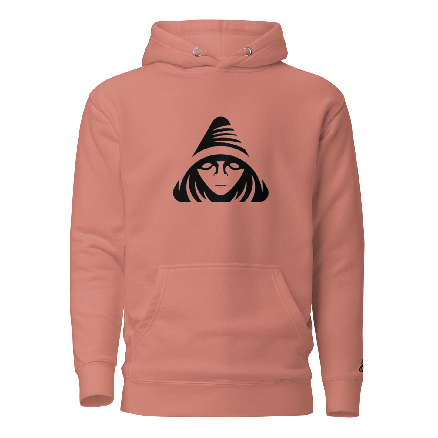 Coral hoodie with black graphic design on a white background
