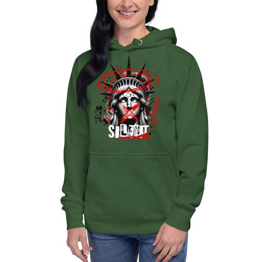 Person wearing a green hoodie with a graphic design on a white background