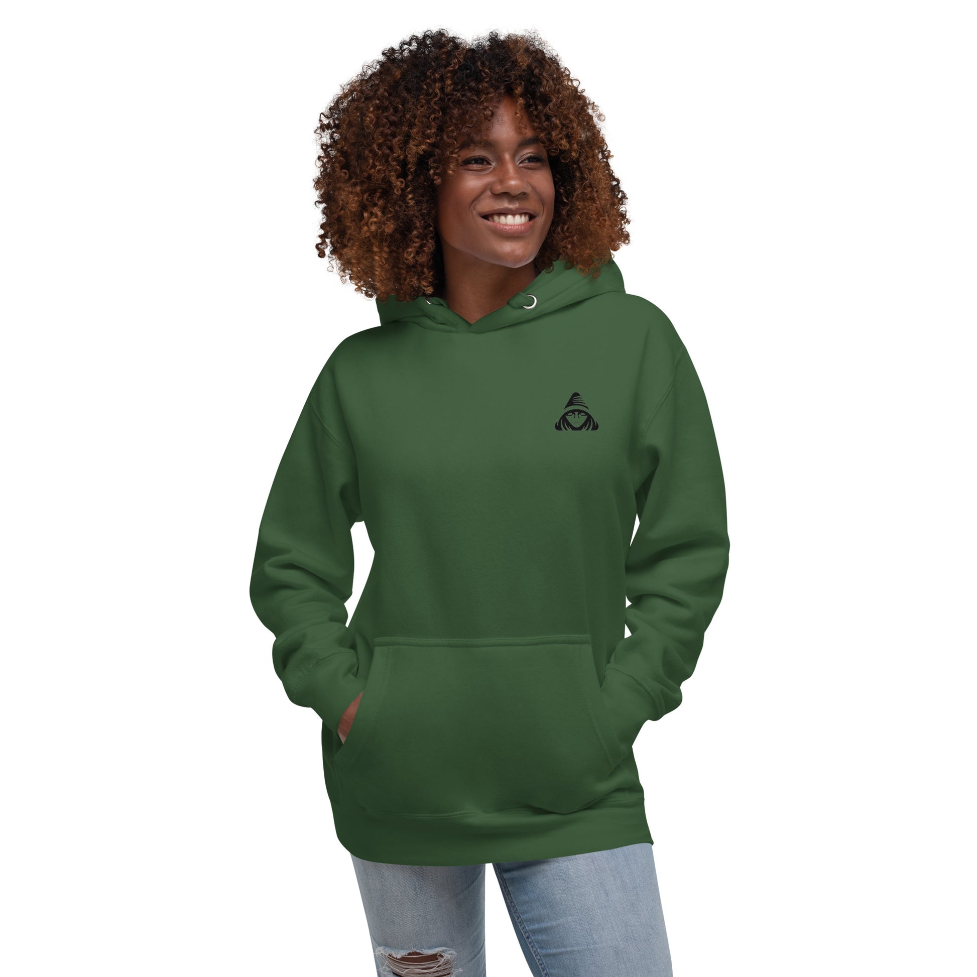 Person wearing a green hoodie with a logo on a white background