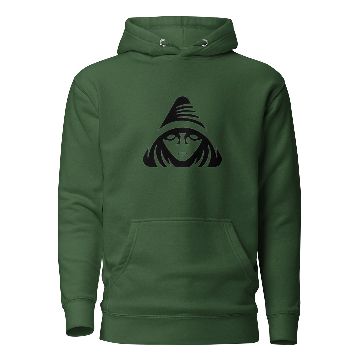 Green hoodie with a black graphic design on a white background