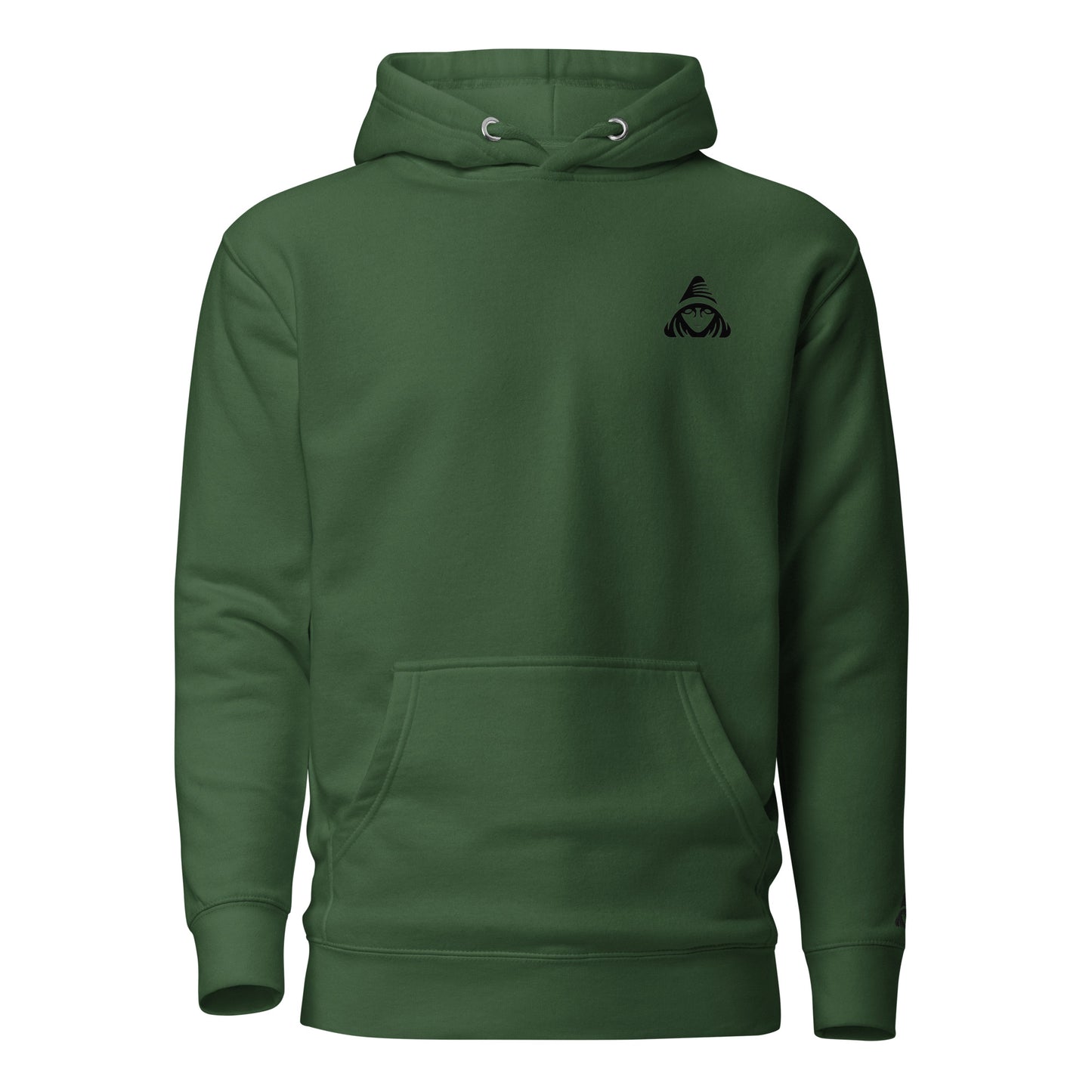 Green hoodie with a small logo on the chest against a white background