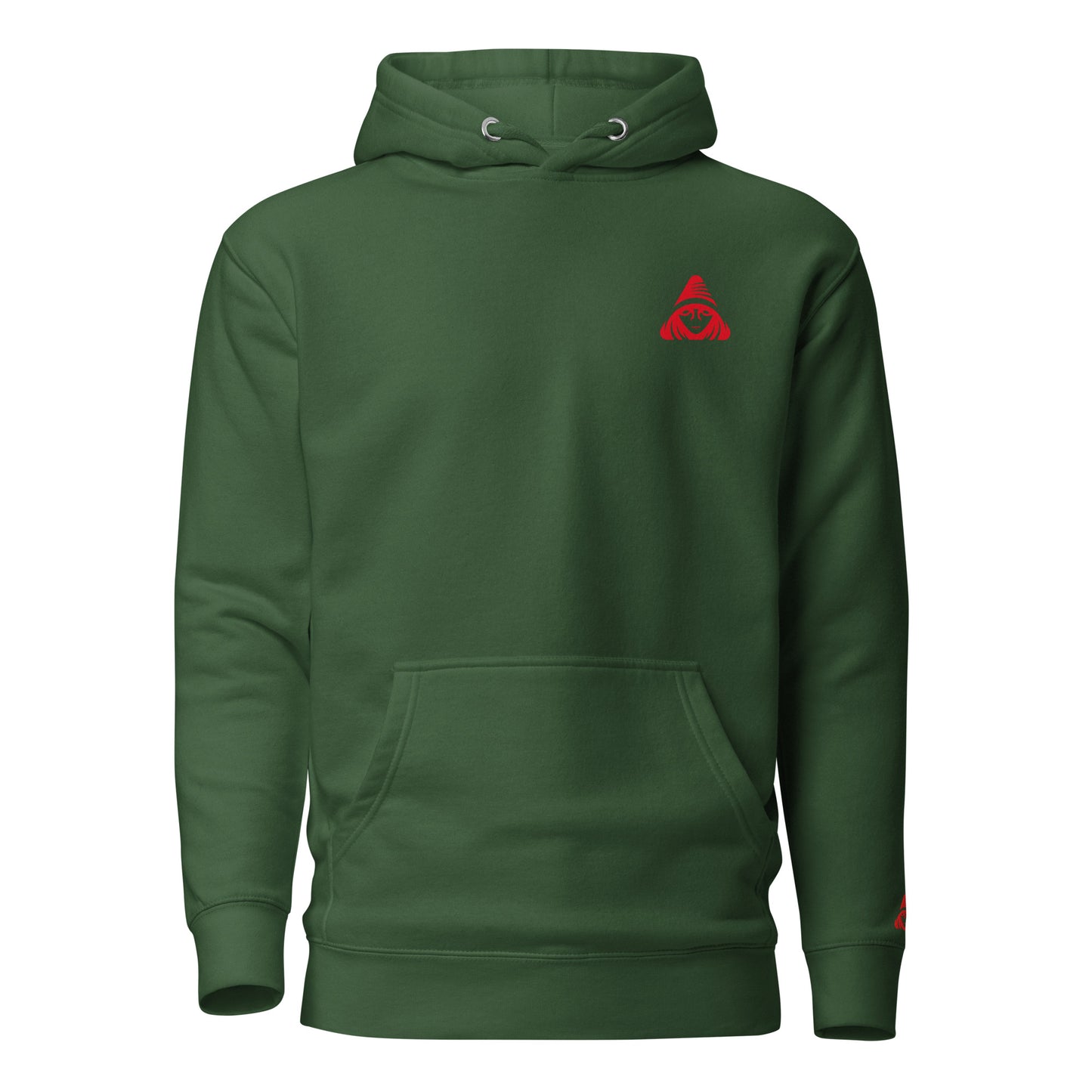 Green hoodie with a red logo on a white background