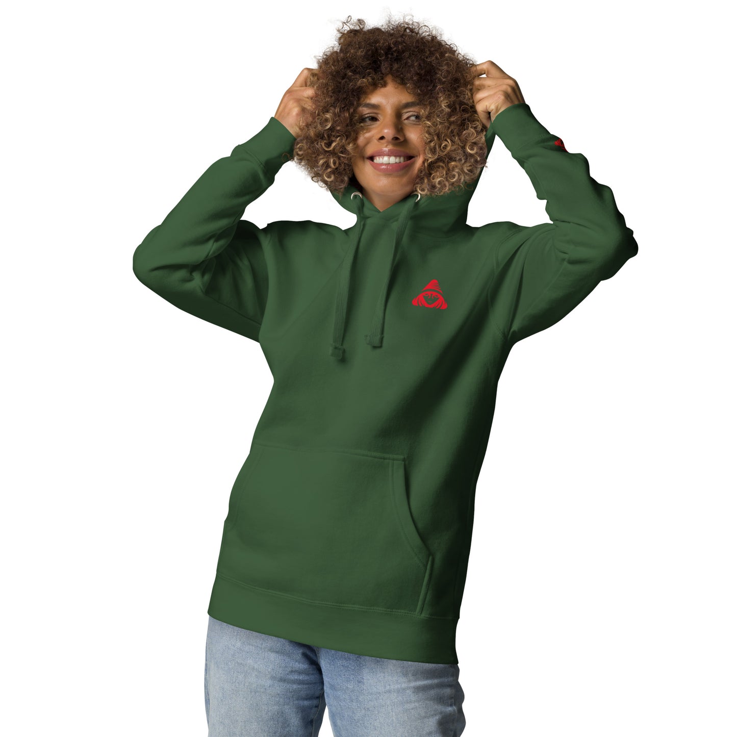 Person wearing a green hoodie with a red logo on a white background
