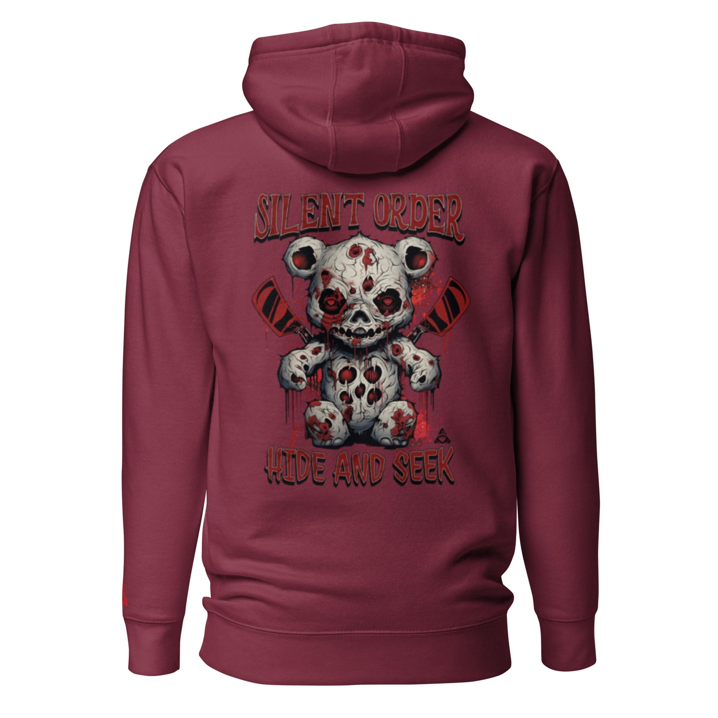 Maroon hoodie with a graphic design of a teddy bear and text on the back, on a white background.