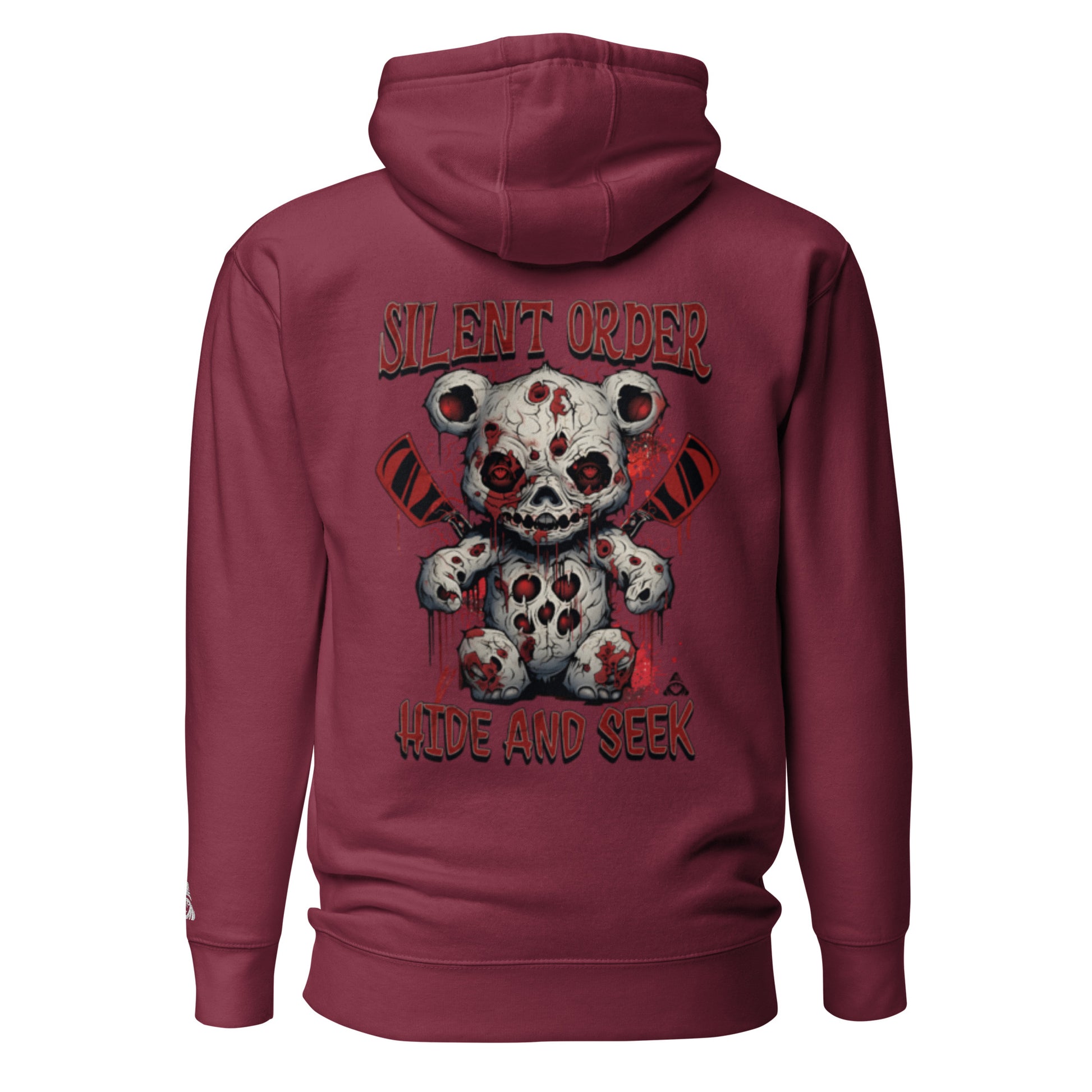 Maroon hoodie with a graphic design on the back featuring a bear and text.