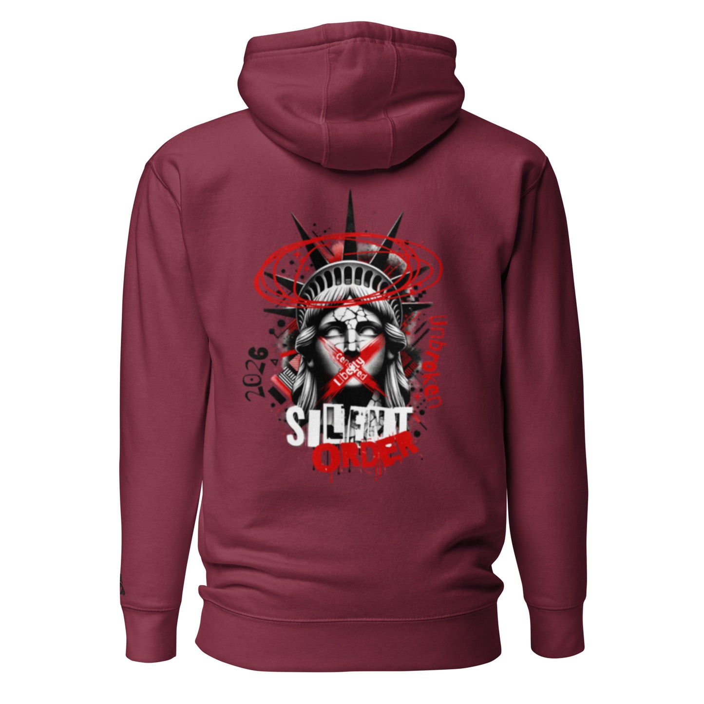 Maroon hoodie with a graphic design on the back featuring the Statue of Liberty and text.