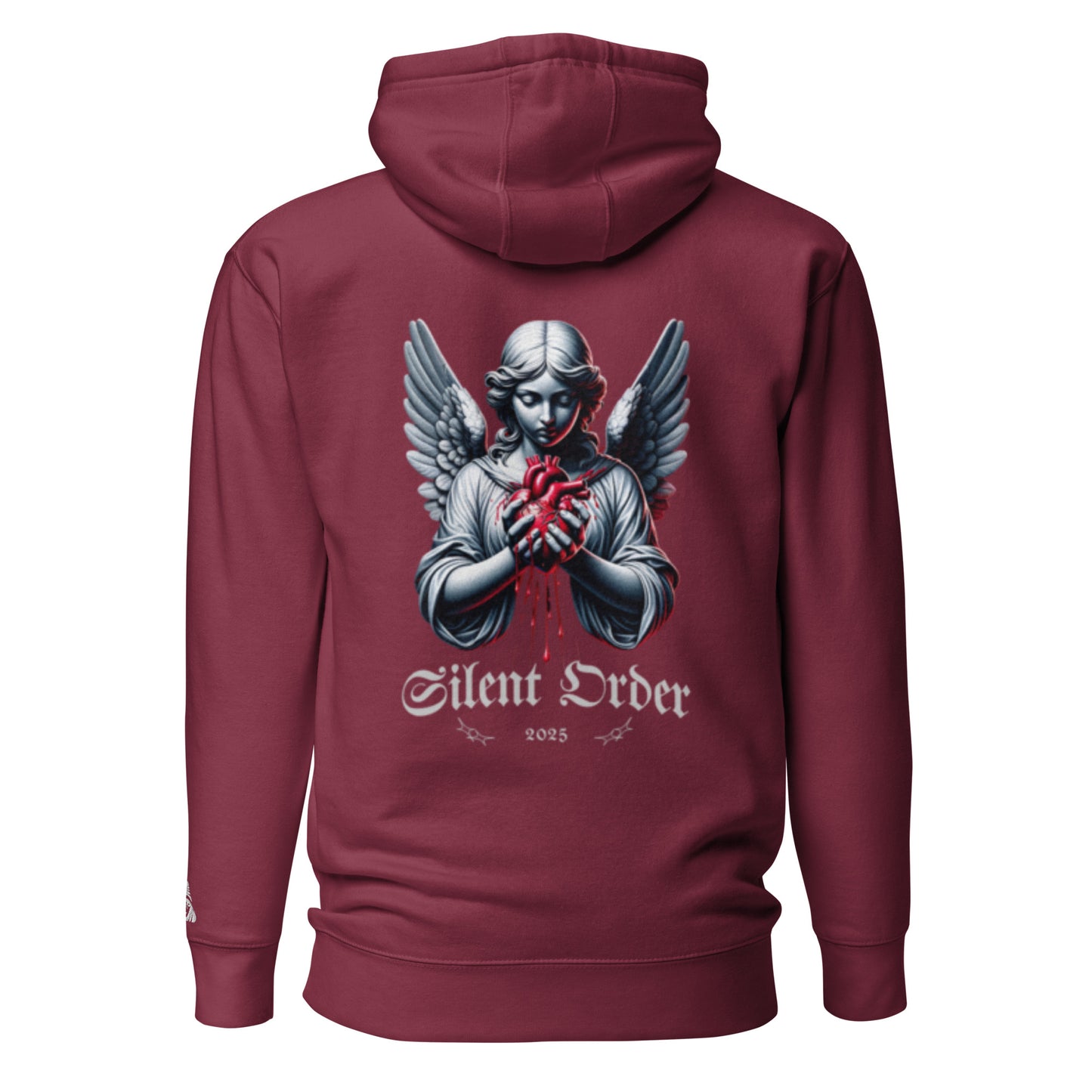 Maroon hoodie with an angel graphic and 'Silent Order' text on the back, displayed against a white background.