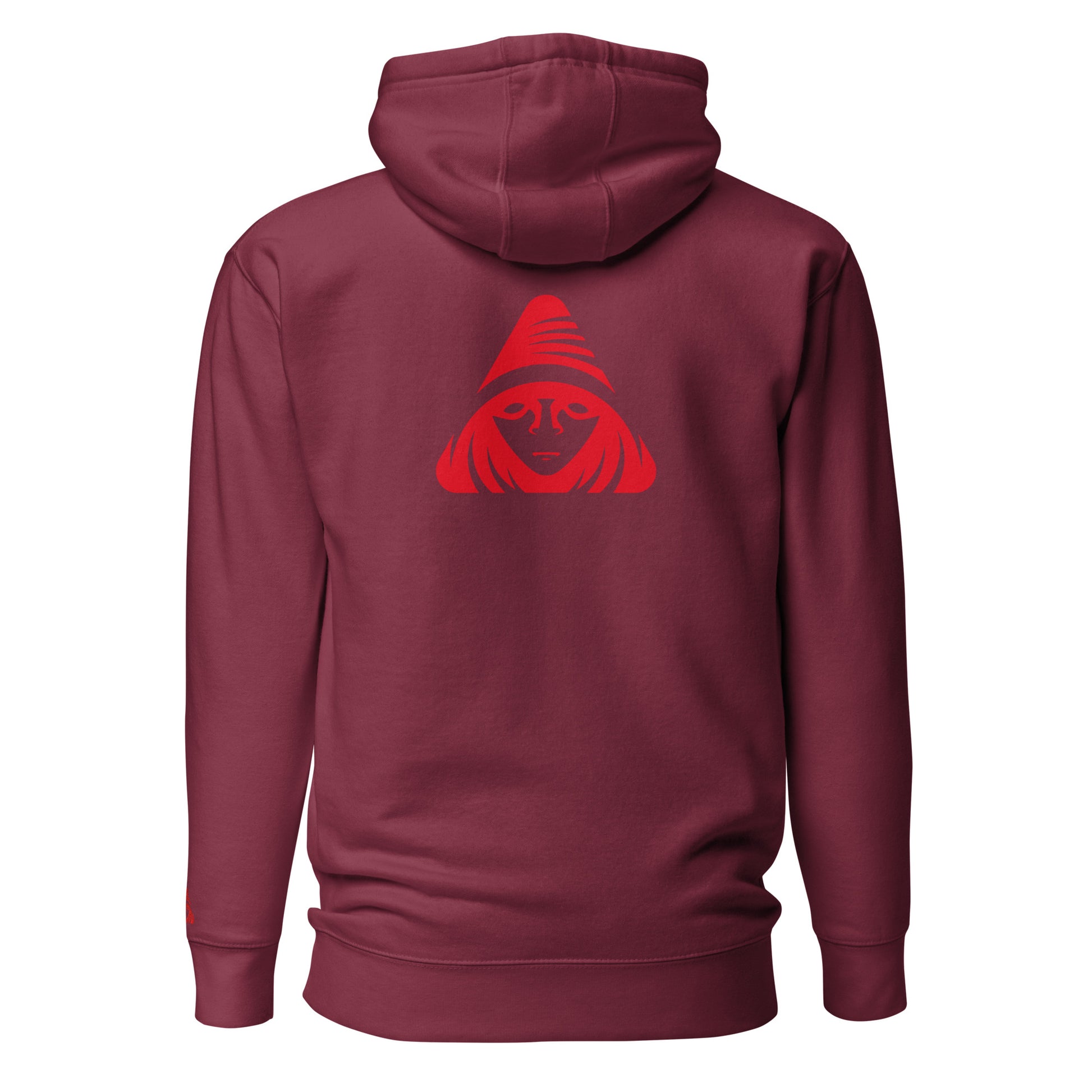 Maroon hoodie with a red graphic on the back against a white background
