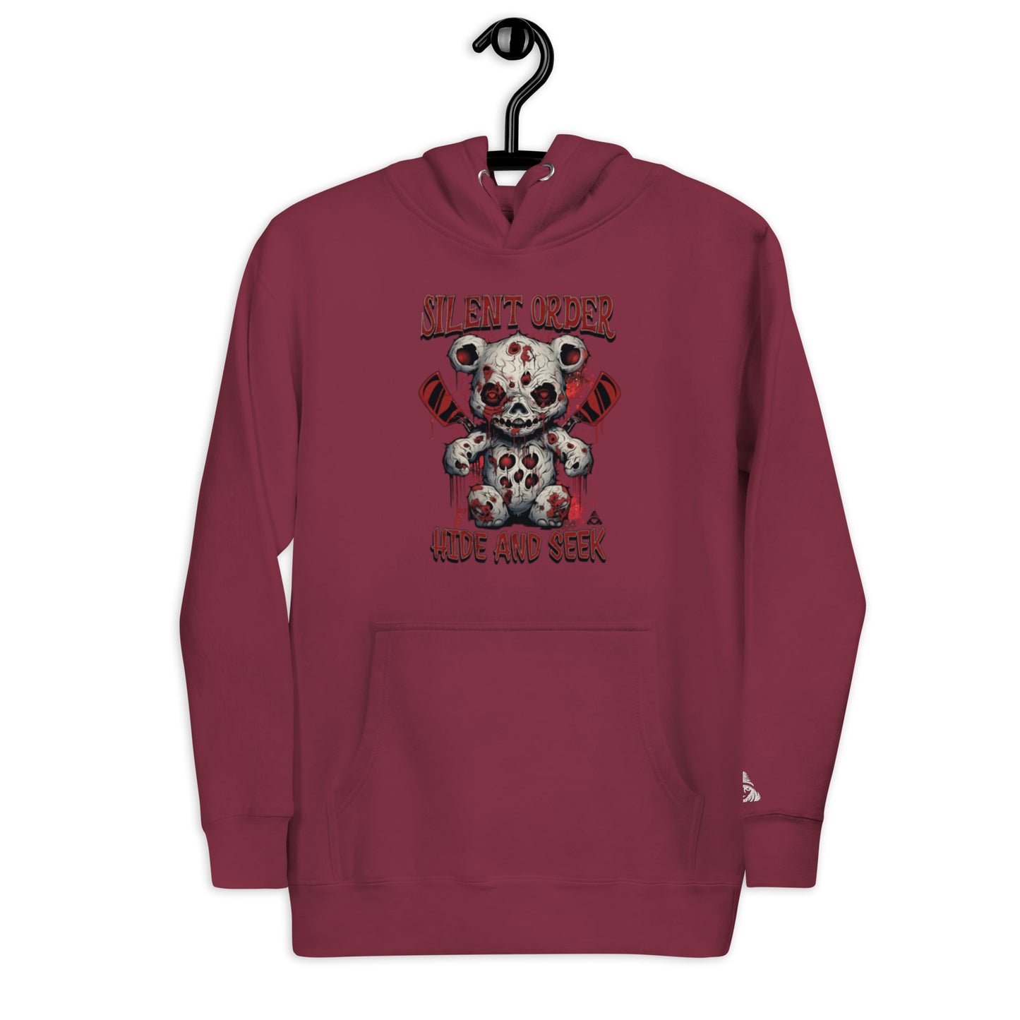 Maroon hoodie with a graphic design of a teddy bear with a skull face on a hanger against a white background.