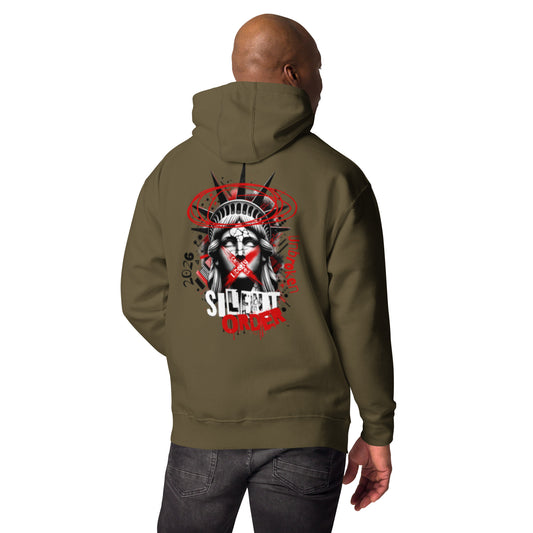 Person wearing a green hoodie with a graphic design on the back, standing against a white background.
