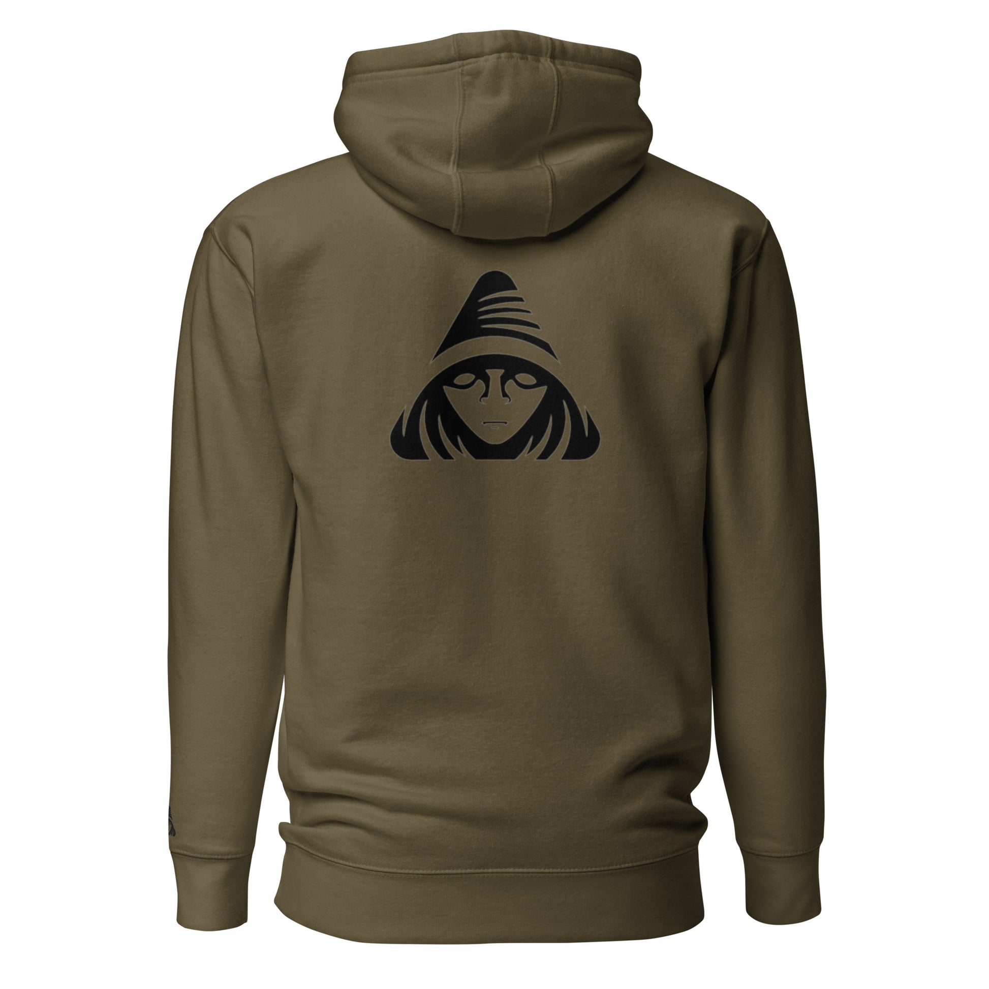 Brown hoodie with a black graphic on the back against a white background