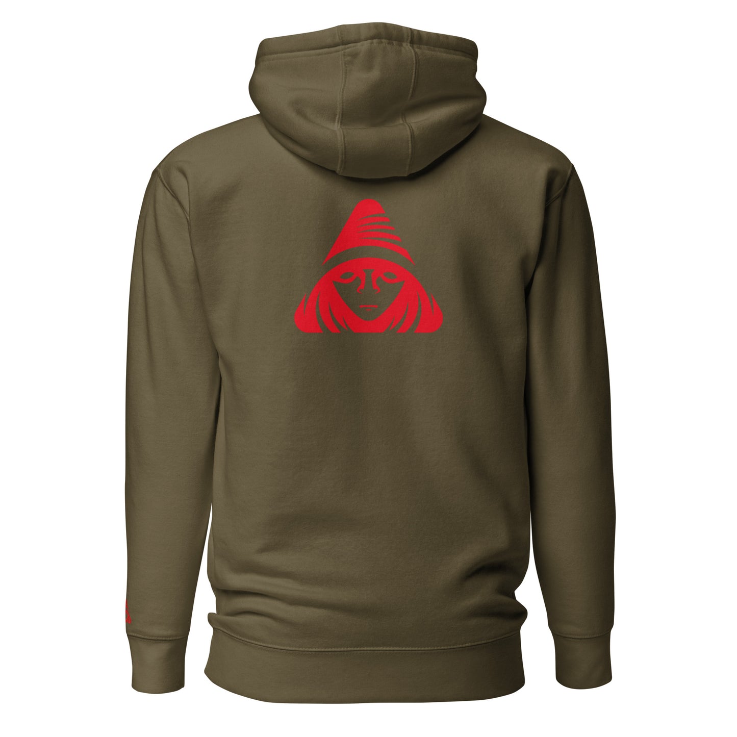 Green hoodie with a red logo on the back against a white background