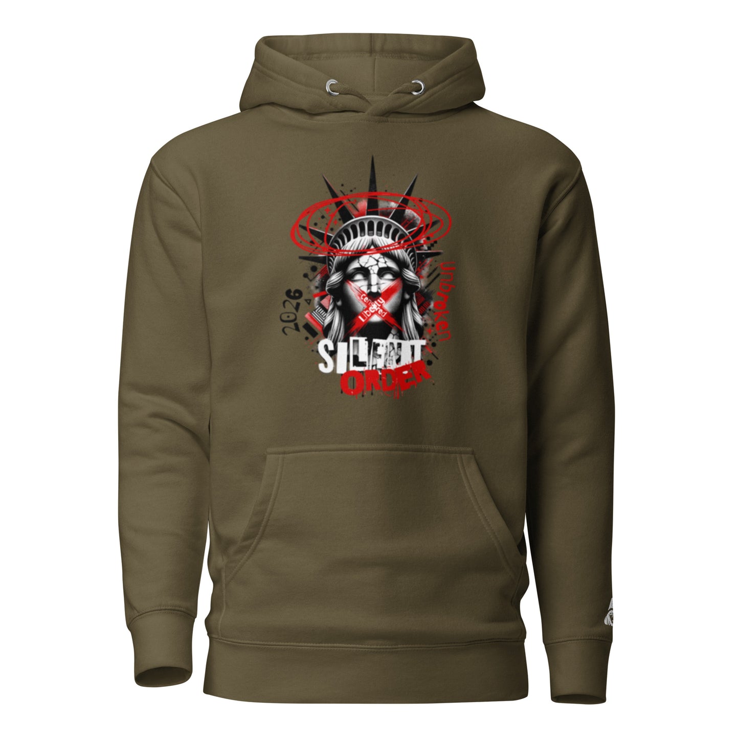 Brown hoodie with a graphic design of a stylized face and text on a white background