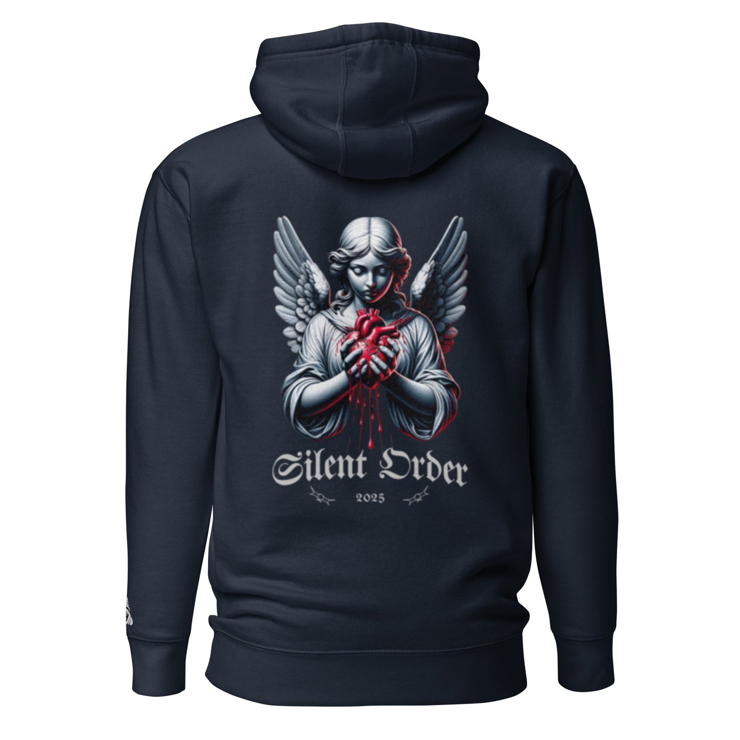 Black hoodie with an angel graphic and 'Silent Order' text on the back, displayed against a white background.
