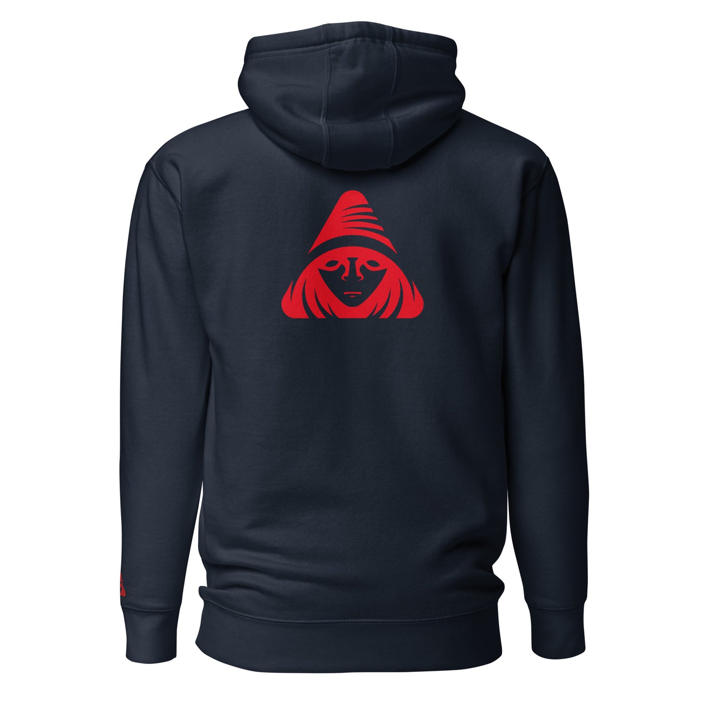 Black hoodie with a red graphic on the back against a white background