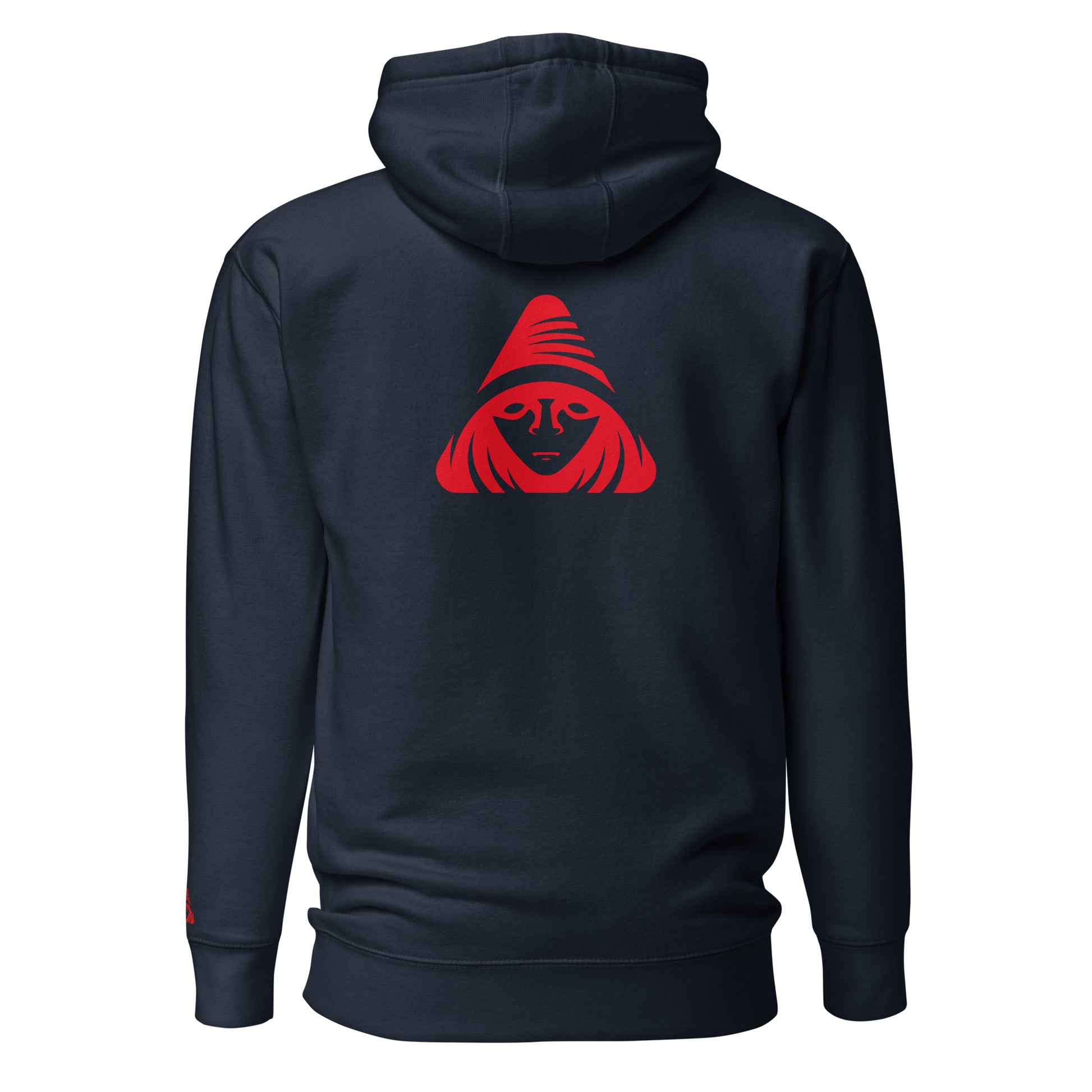 Black hoodie with a red graphic on the back against a white background