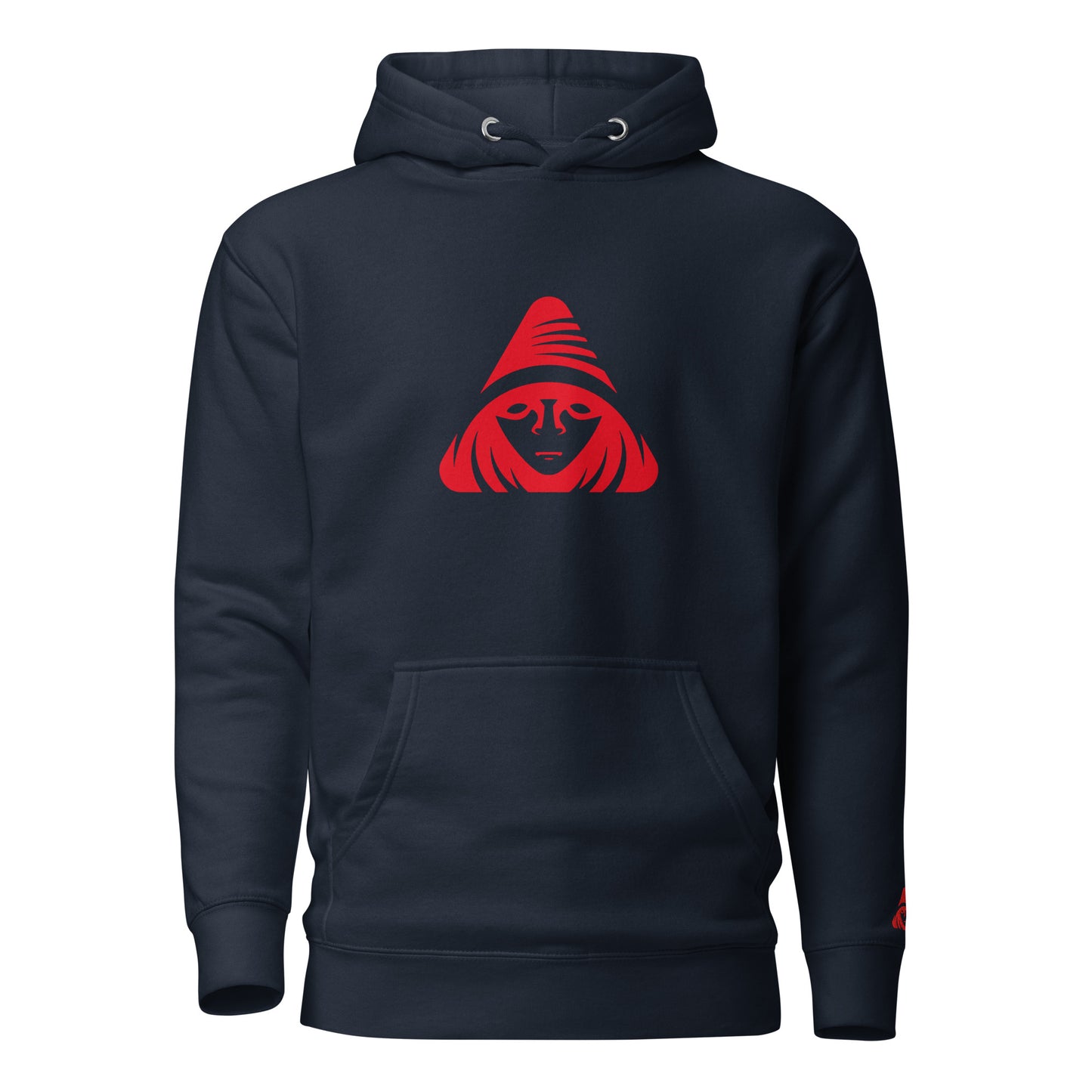 Navy blue hoodie with a red graphic on a white background