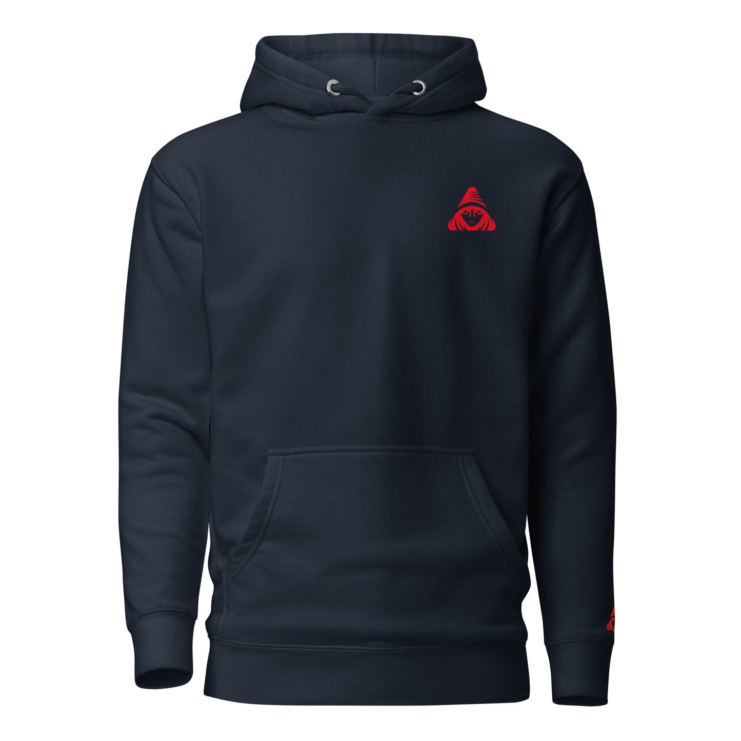 Navy blue hoodie with a red logo on a white background