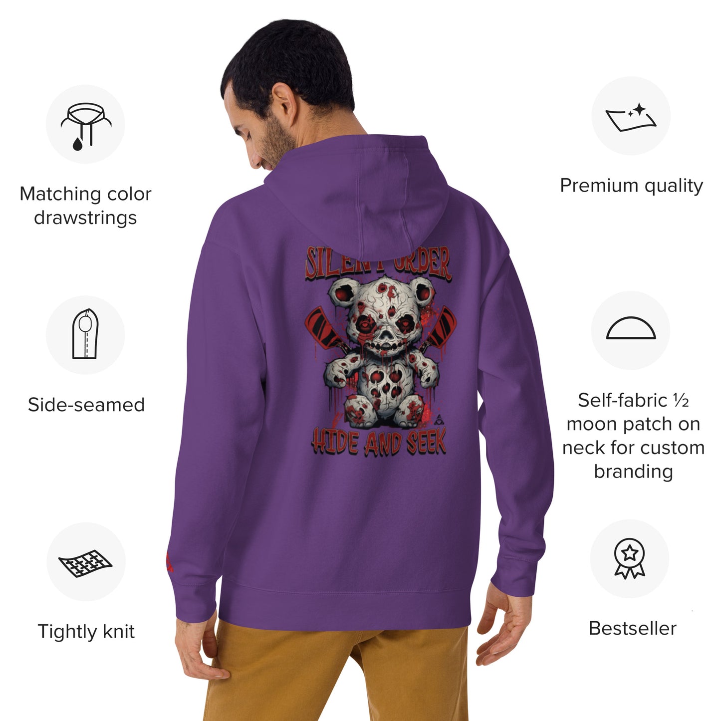 Purple hoodie with a teddy bear graphic on the back, worn by a person, with product features listed.