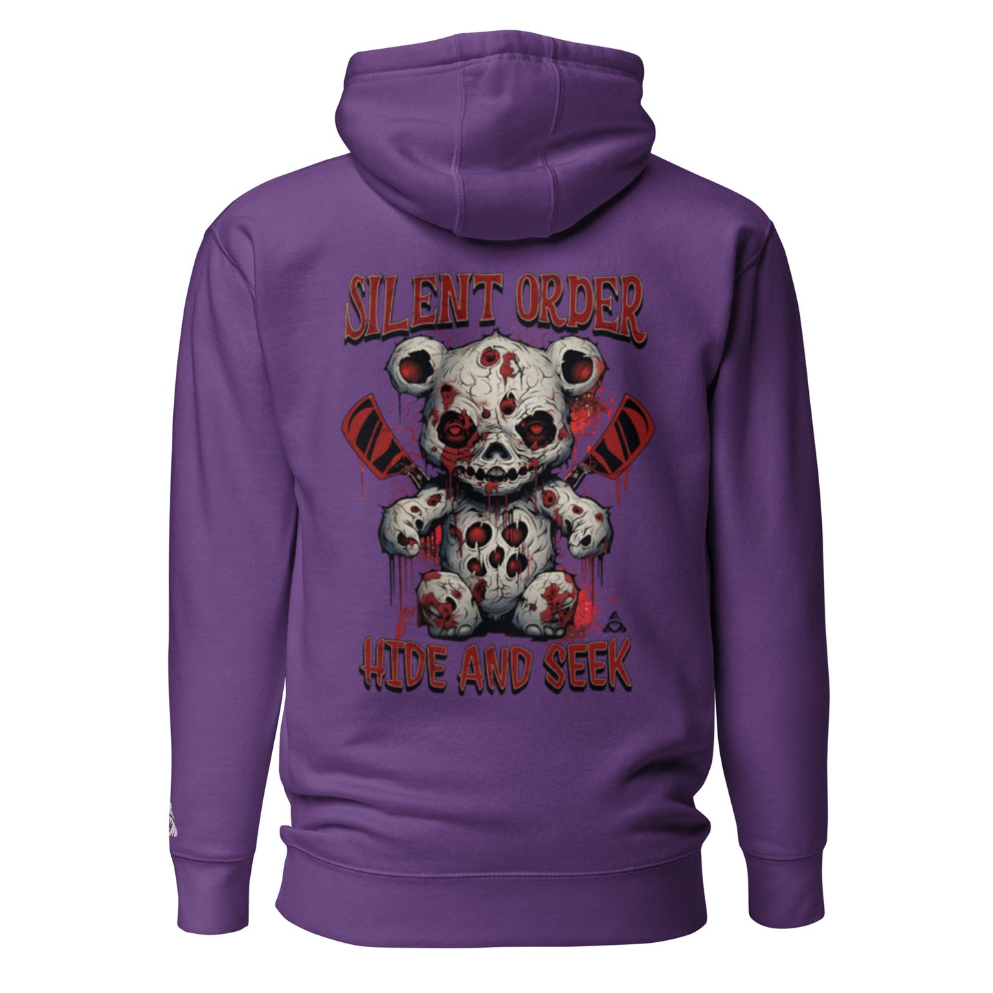 Purple hoodie with a graphic design of a teddy bear and text on the back, on a white background.