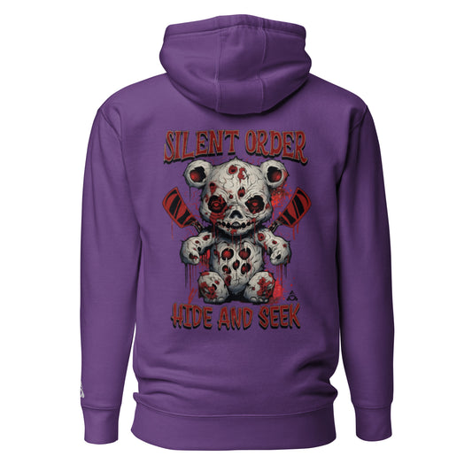Purple hoodie with a graphic design of a teddy bear and text on the back, on a white background.