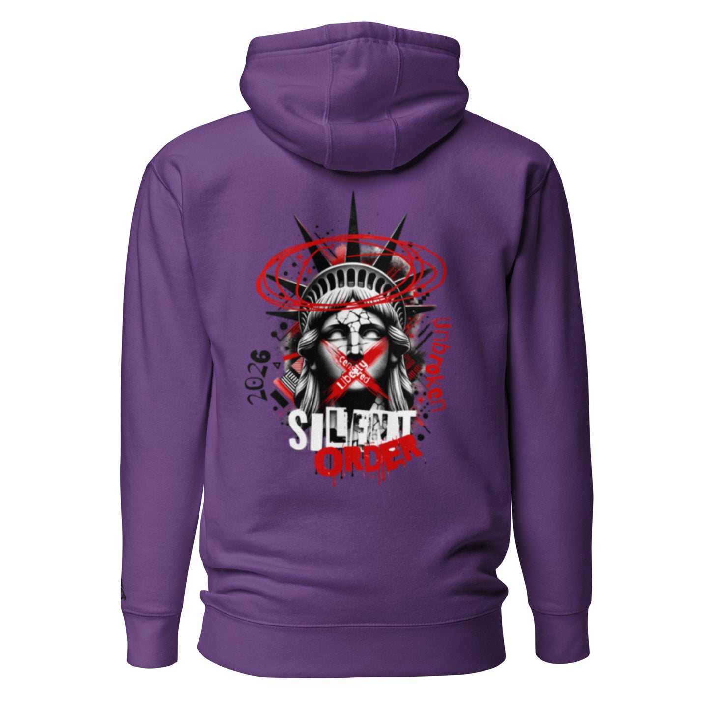 Purple hoodie with a graphic design on the back featuring the Statue of Liberty and text.
