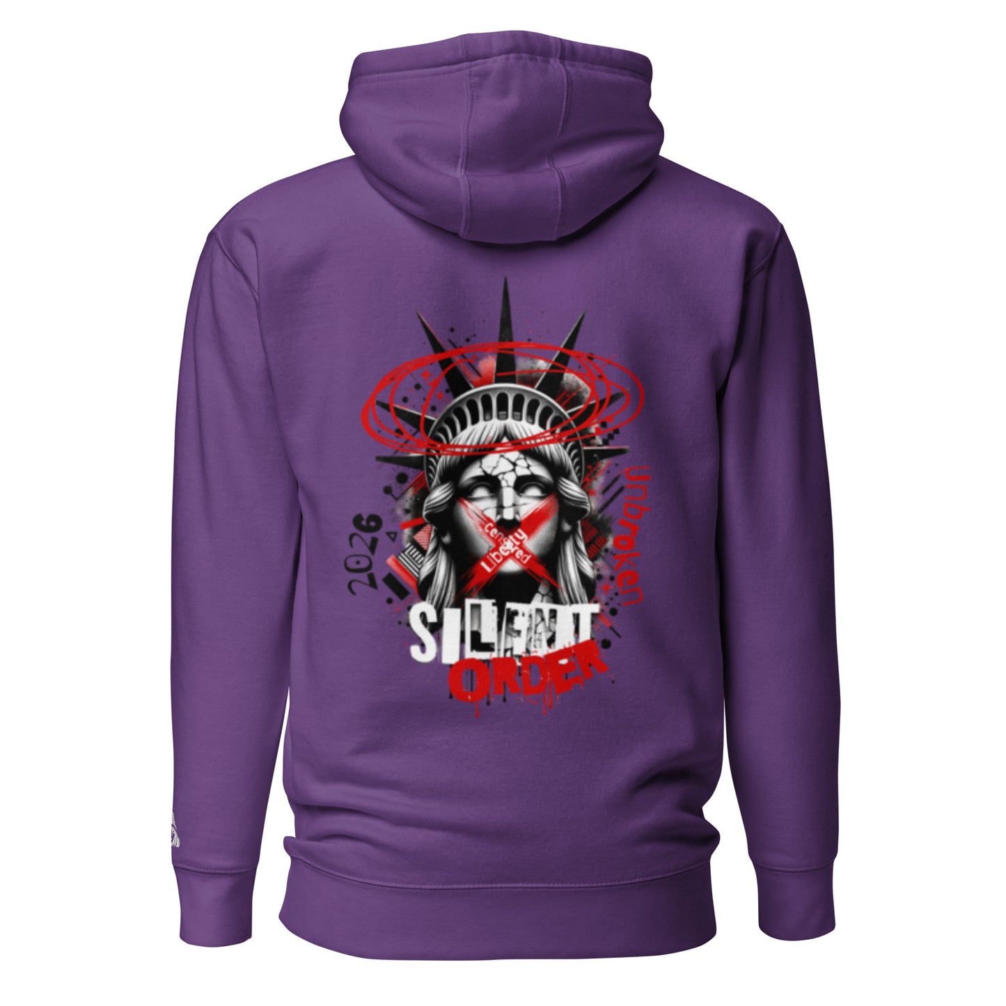 Purple hoodie with a graphic design on the back featuring a stylized face and text, on a white background.