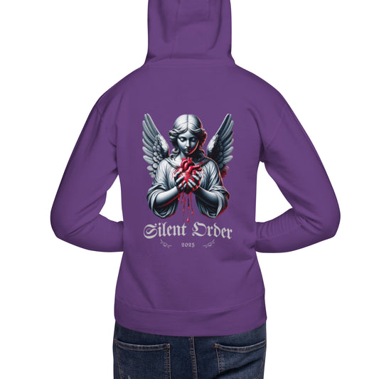Purple hoodie with an angel graphic and 'Silent Order' text on the back, worn by a person.