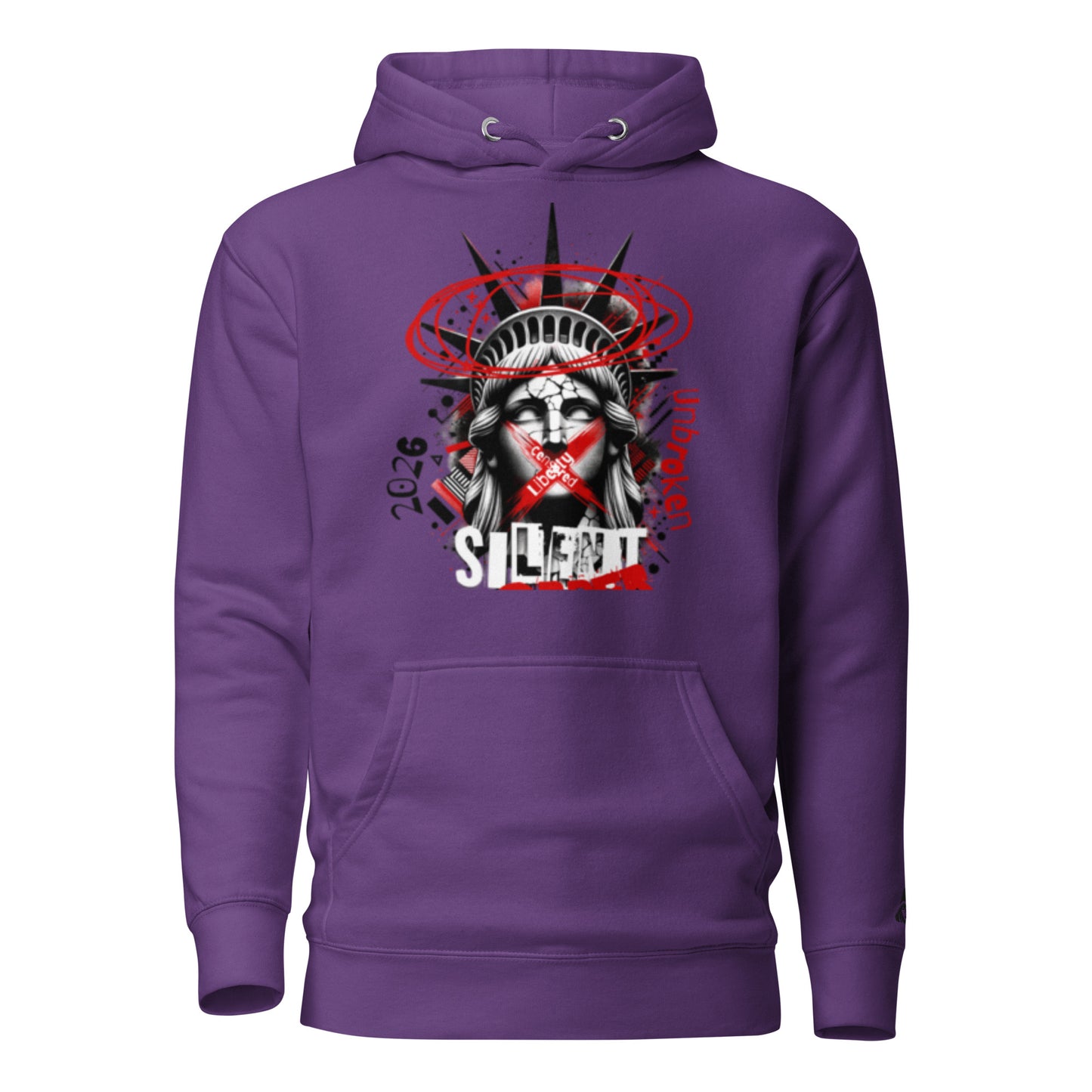 Purple hoodie with a graphic design of a stylized face with a red cross over it on a white background
