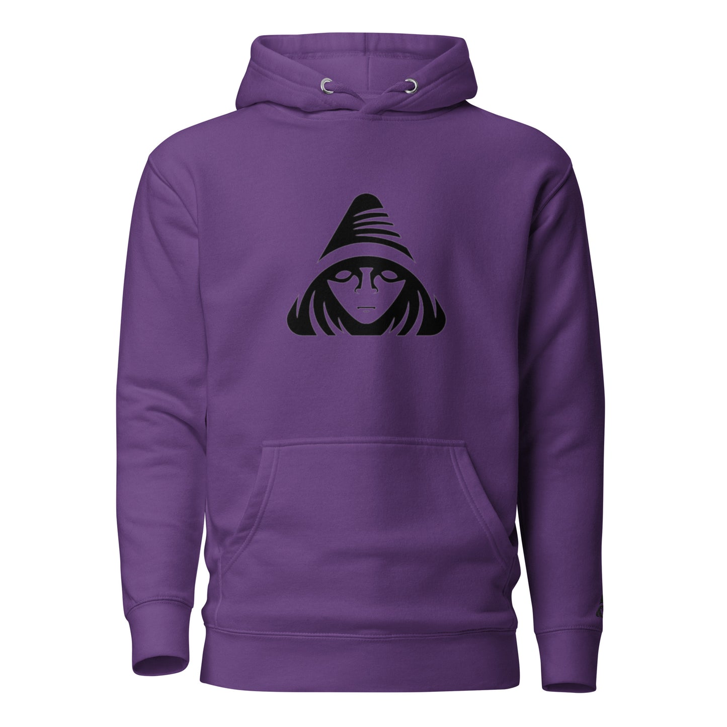 Purple hoodie with a black graphic design on a white background