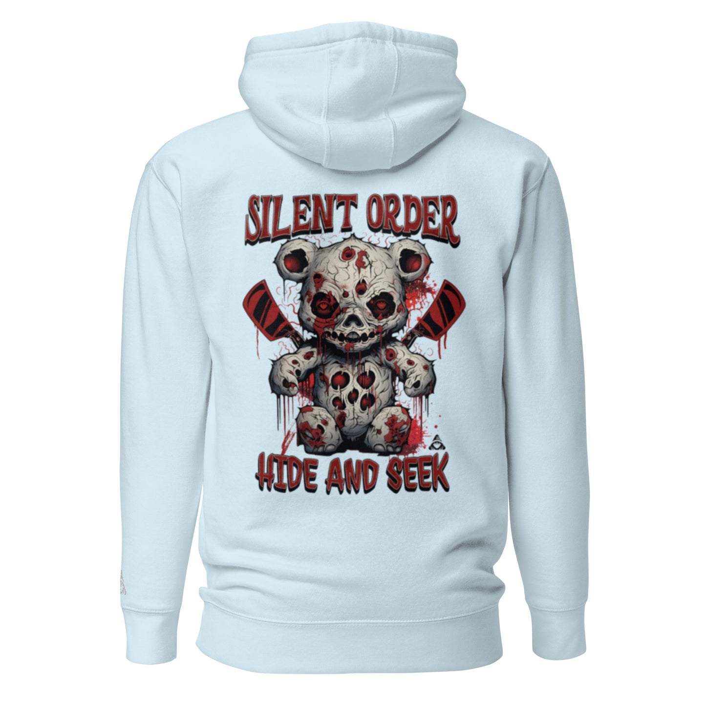 Light blue hoodie with a graphic design of a teddy bear and text on the back, on a white background.