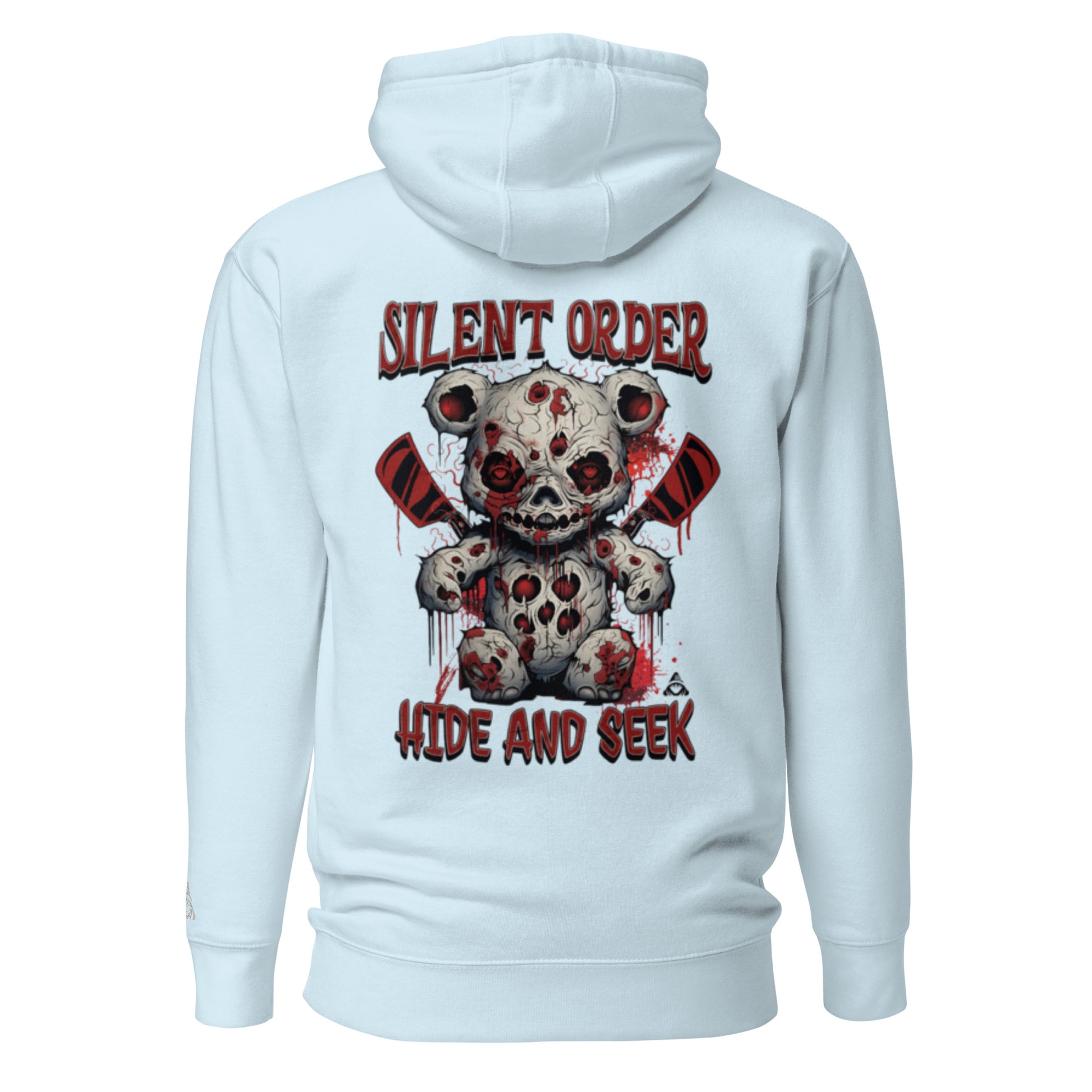 Light blue hoodie with a graphic design of a teddy bear and text on the back, on a white background.