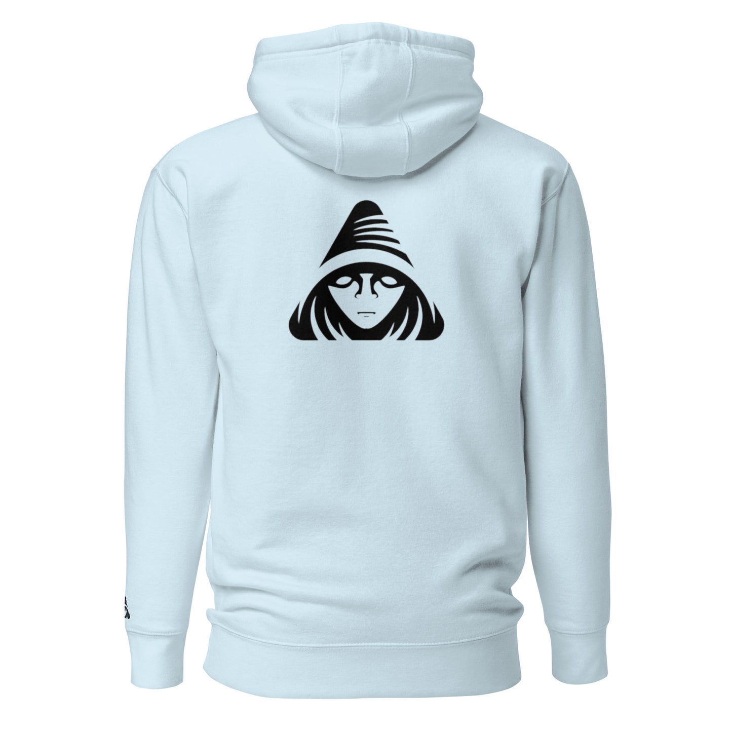 Light blue hoodie with a black graphic on the back against a white background