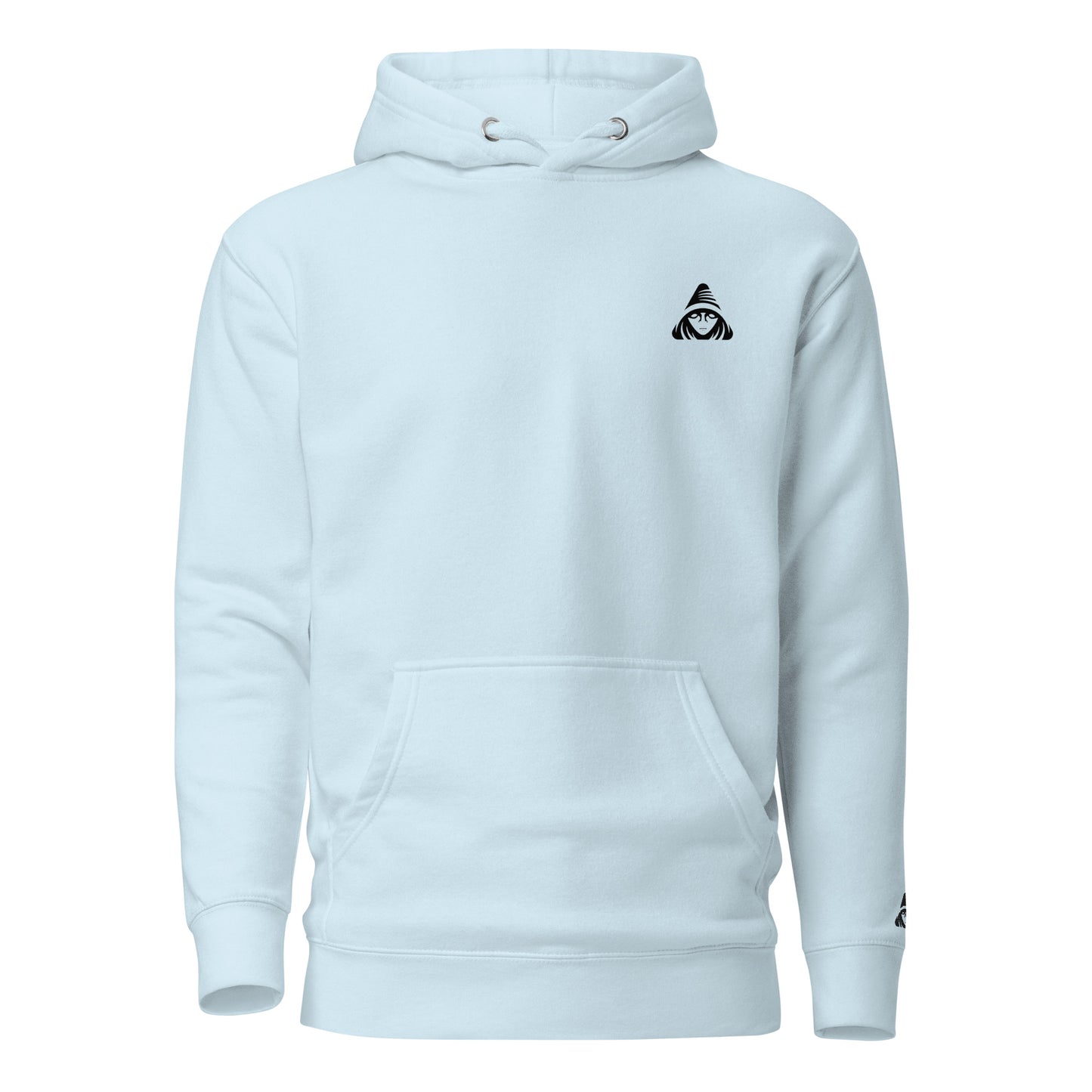 Light blue hoodie with a small black logo on a white background